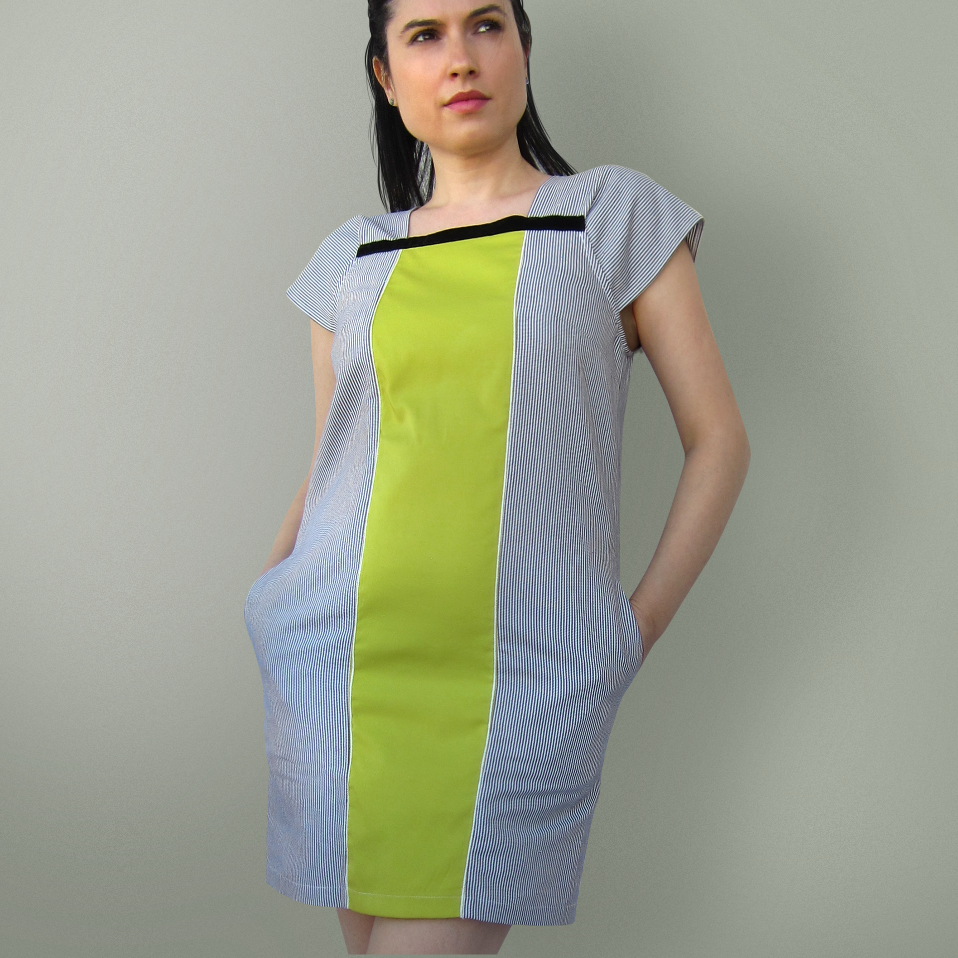 Rochie de vara din bumbac in dungi scurta olive