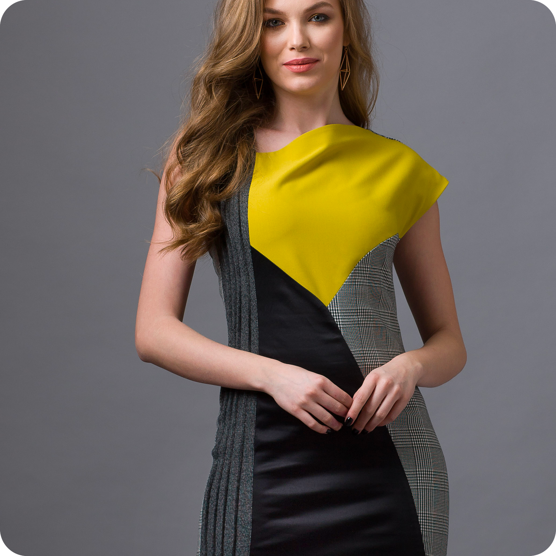 rochie tweed gri mustar neagra eleganta asimetrica 