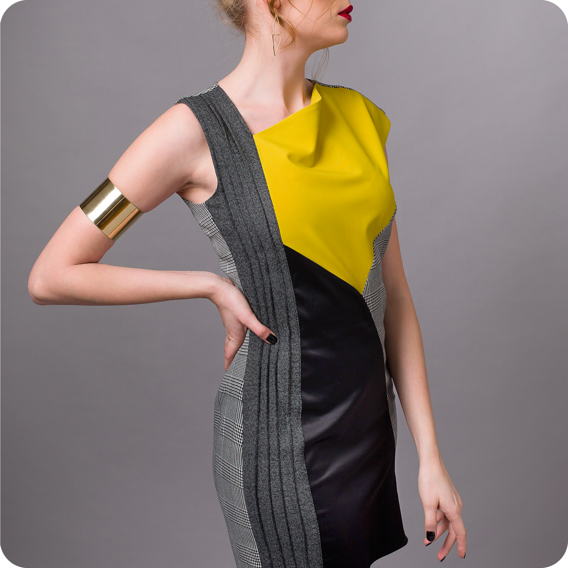rochie tweed gri mustar neagra eleganta asimetrica 