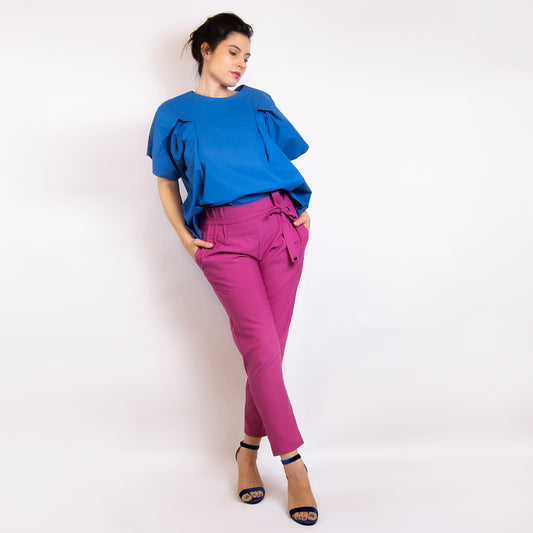 Pantaloni din stofa lana cu pliuri roz
